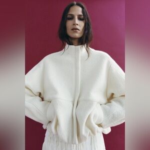NWT Zara Ivory 100% Wool High Neck Pockets Oversized Bomber Jacket Sz S